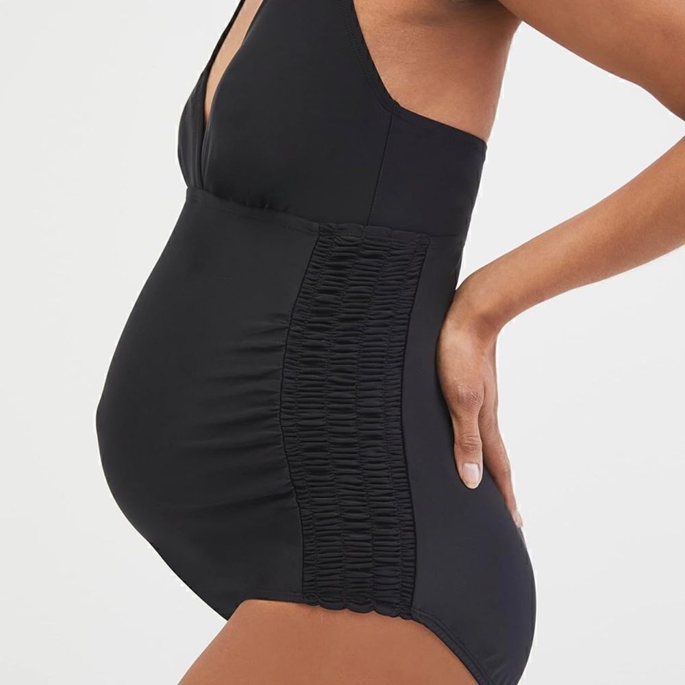 NWT Beach Bump Maternity One Piece Swimsuit Black Halter Smocked Sides - Size M - Picture 2 of 9
